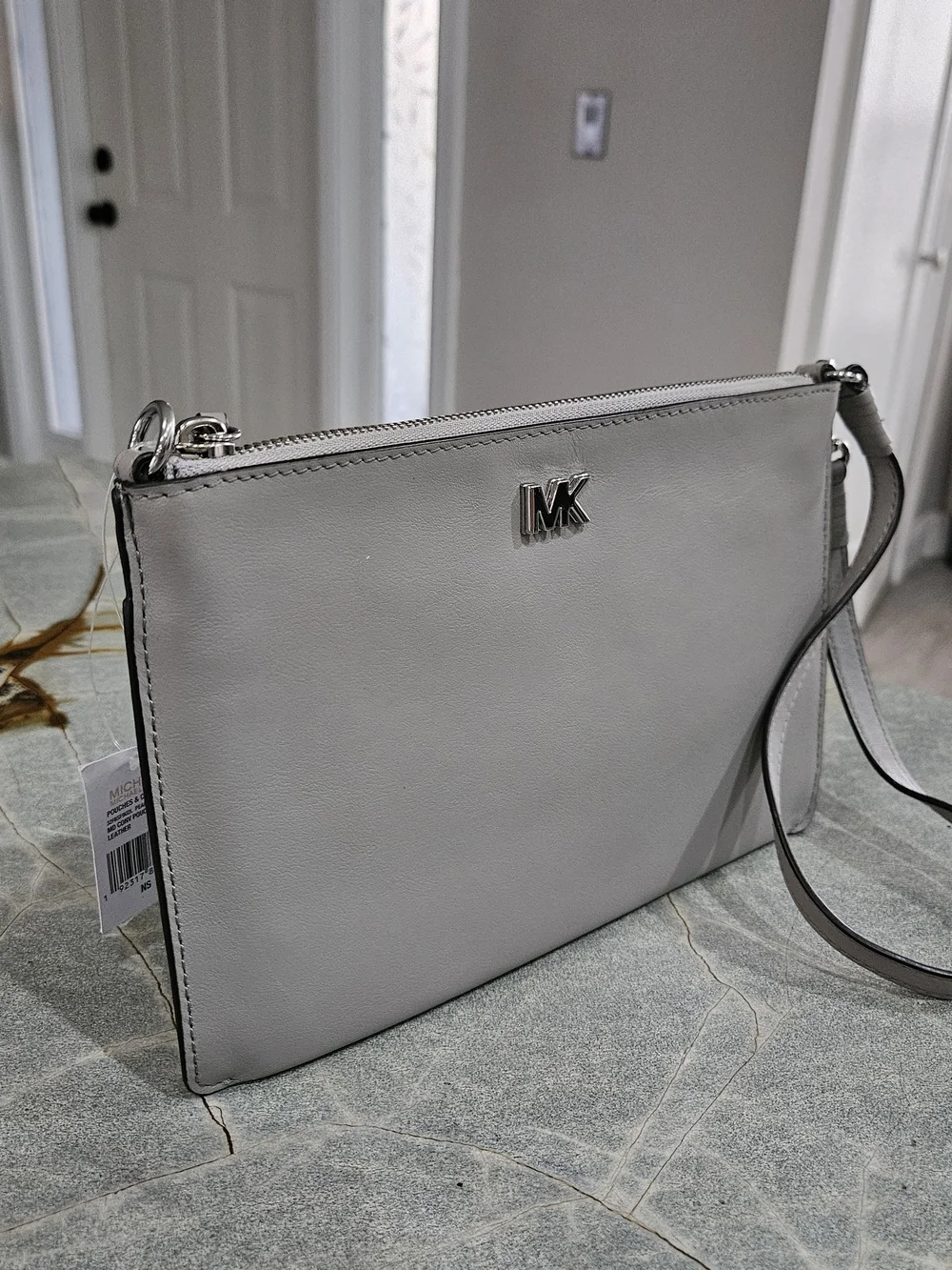 NWT Michael Kors Pearl Grey Leather Convertible Pouchette Wristlet Shoulder Bag